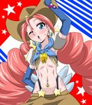  arm_up blue_eyes blush brown_skirt cowboy_hat earrings freckles fringe_trim gloves happinesscharge_precure! hat jewelry long_hair magical_girl navel_piercing one_eye_closed piercing precure puffy_short_sleeves puffy_sleeves red_hair red_haired_cure_(bomber_girls_precure)_(happinesscharge_precure!) short_sleeves skirt solo sorano-umi sweat western 