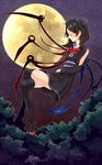  asymmetrical_wings black_dress black_hair black_legwear bow closed_eyes crossed_legs dress forest full_moon houjuu_nue moon nature night night_sky salixcbose sky smile solo star_(sky) starry_sky thighhighs touhou wings 