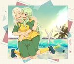  amanda_turner bad_id bad_pixiv_id big_waves blonde_hair blush fish full_body green_eyes green_hair hug ichimei_(00down) inazuma_eleven_(series) inazuma_eleven_go inazuma_eleven_go_galaxy long_hair marsha_ark multiple_girls one_eye_closed purple_eyes shorts soccer_uniform sportswear starfish 