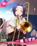  2boys ahoge artist_request black_legwear blue_hair character_name cherry_blossoms closed_eyes earrings idolmaster idolmaster_(classic) idolmaster_million_live! instrument jewelry miura_azusa multiple_boys official_art thighhighs trombone 