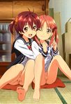  2girls absurdres barefoot blush bottomless feet female hair_bobbles hair_ornament hair_ribbon highres isshiki_akane isshiki_momo multiple_girls nude nude_filter nyantype open_mouth orange_eyes orange_hair photoshop pussy red_hair ribbon school_uniform serafuku short_hair short_twintails sitting smile soles spread_legs toes twintails uncensored vividred_operation wink yuri 