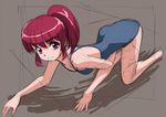  aino_megumi all_fours brown_background happinesscharge_precure! looking_at_viewer one-piece_swimsuit ponytail precure red_eyes red_hair rohitsuka short_hair sketch solo swimsuit 
