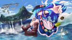  bad_id bad_pixiv_id bird blue_hair blue_sky boots cloud day dress floating_island flying food foreshortening fruit hat highres hinanawi_tenshi knees_together_feet_apart knees_up layered_dress leaf light_particles long_hair looking_at_viewer maru_daizu_(aqua6233) ocean outdoors outstretched_hand parted_lips peach puffy_short_sleeves puffy_sleeves red_eyes seagull short_sleeves sky solo sword_of_hisou touhou water waterfall 