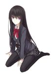  between_legs black_hair bow bowtie expressionless kauto long_hair looking_at_viewer original pantyhose purple_eyes ribbon school_uniform simple_background sitting skirt solo wariza white_background 