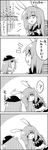  4koma animal_ears bunny_ears comic greyscale hat head_tilt highres hinanawi_tenshi long_hair monochrome reisen_udongein_inaba school_uniform shoujo_kitou-chuu tani_takeshi touhou translated yukkuri_shiteitte_ne 