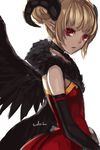  bad_id bad_pixiv_id black_wings blonde_hair choker dress dungeon_and_fighter elbow_gloves fang gloves highres horns looking_at_viewer mage_(dungeon_and_fighter) open_mouth pointy_ears red_eyes short_hair signature simple_background solo swd3e2 wings 