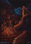  campfire canine fur kekpafrany mammal night stars traditional_media wolf wood 