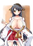  1girl bare_shoulders black_hair breasts brown_eyes bursting_breasts cleavage collarbone detached_sleeves female hair_ornament haruna_(kantai_collection) highres hips huge_breasts japanese_clothes kantai_collection legs long_hair naruse_mai no_bra open_clothes skirt solo standing very_long_hair 
