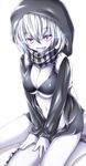 backpack bag breasts cleavage evandragon fang glowing glowing_eyes kantai_collection large_breasts long_sleeves navel no_panties open_mouth pale_skin pink_eyes re-class_battleship scarf shinkaisei-kan short_hair silver_hair sitting solo tail white_background 