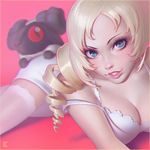  blonde_hair blue_eyes bra breasts catherine catherine_(game) chromatic_aberration cleavage crossed_legs dress drill_hair dutch_angle eyebrows eyelashes eyes ilya_kuvshinov lips looking_at_viewer lying medium_breasts medium_hair nose on_side parted_lips realistic sheep short_dress solo source_request strap_slip twin_drills underwear white_bra white_legwear 