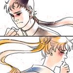  1girl bishoujo_senshi_sailor_moon black_hair blonde_hair blush clenched_hand face from_side hair_bun hakari1909 half-closed_eyes juuban_high_school_uniform long_hair lowres ponytail profile sad seiya_kou tsukino_usagi twintails 