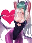  aqua_eyes aqua_hair armpits arms_up bad_id bad_pixiv_id bare_shoulders breasts character_name colored_eyelashes demon_wings elbow_gloves fur_trim gloves green_eyes head_wings heart heart_cutout highres large_breasts leotard long_hair morrigan_aensland nicoro256 pantyhose purple_legwear sideways_glance simple_background smile solo vampire_(game) white_background wings 