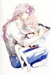  1girl child diavolo father_and_daughter jojo_no_kimyou_na_bouken long_hair pink_hair purple_hair rakuko traditional_media trish_una watercolor_(medium) younger 