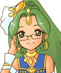  bad_id bad_pixiv_id choker darumafrog earrings forehead_jewel glasses green_eyes green_hair green_haired_cure_(wonderful_net_precure)_(happinesscharge_precure!) hair_ornament hair_ribbon happinesscharge_precure! jewelry long_hair ponytail precure ribbon smile solo tan white_background 