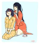  black_hair blush brushing_another's_hair hair_brushing highlights japanese_clothes kill_la_kill kimono kiryuuin_satsuki kneeling long_hair matoi_ryuuko multicolored_hair multiple_girls orange_shirt pajamas rokkiroado seiza shirt sitting v_arms yukata 