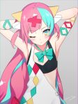  1girl 2019 aqua_hair armpits arms_behind_head blue_eyes blush bow bowtie closed_mouth dated eyebrows_visible_through_hair green_neckwear grey_background hair_ornament highres long_hair looking_at_viewer mkt multicolored multicolored_eyes multicolored_hair one_eye_closed pink_hair pinky_pop_hepburn pinky_pop_hepburn_official signature simple_background solo two-tone_hair virtual_youtuber x_hair_ornament yellow_eyes 