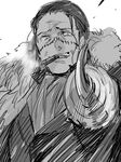  cigar fur_trim greyscale hakari1909 hook_hand male_focus monochrome one_piece scar sir_crocodile smirk smoke smoking solo 