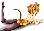  alternate_costume animal_ears animal_print arm_support ass backless_outfit bad_id bad_pixiv_id bare_shoulders blonde_hair blush detached_collar fishnet_pantyhose fishnets hair_ornament high_heels highres kemonomimi_mode leg_up leotard looking_at_viewer lying on_stomach open_mouth pantyhose playboy_bunny_leotard shadow short_hair simple_background solo tail tera_hiroshi tiger_ears tiger_print tiger_tail toramaru_shou touhou white_background wrist_cuffs yellow_eyes 