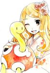  blonde_hair brown_eyes flower gen_2_pokemon hair_flower hair_ornament japanese_clothes kimono long_hair niimura_(csnel) one_eye_closed pokemon pokemon_(creature) pokemon_(game) pokemon_xy serena_(pokemon) shuckle 