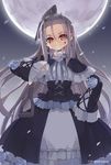  black_dress blood blood_on_face capelet cowboy_shot cross-laced_clothes dress frills full_moon hand_on_hip head_tilt karpin lolita_fashion long_hair looking_at_viewer moon red_eyes silver_hair smile solo standing very_long_hair 
