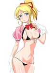 ayase_eli bikini blonde_hair blue_eyes breasts chikuishi crop_top front-tie_top gloves hair_ribbon legs_together love_live! love_live!_school_idol_project medium_breasts micro_bikini parted_lips puffy_short_sleeves puffy_sleeves ribbon shiny shiny_skin short_hair short_sleeves simple_background solo swimsuit white_background white_gloves 