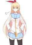  black_legwear blonde_hair blue_eyes hair_ribbon hands_on_hips kauto kirisaki_chitoge long_hair nisekoi ribbon school_uniform serafuku sigh simple_background sketch skirt solo thighhighs white_background zettai_ryouiki 