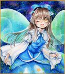  blue_dress bow brown_eyes brown_hair dress fairy_wings frame hair_bow highres juliet_sleeves long_hair long_sleeves looking_at_viewer mosho one_eye_closed open_mouth paint_(medium) puffy_sleeves shikishi shirt smile solo star star_sapphire touhou traditional_media very_long_hair watercolor_(medium) wide_sleeves wings 