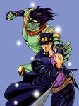  black_hair chain fingerless_gloves gloves hat jojo_no_kimyou_na_bouken kuujou_joutarou long_coat multiple_boys negu_(geneg) official_style stand_(jojo) star_platinum 