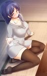  black_legwear blue_eyes blue_hair blush collarbone drunk glass highres hiradaira_chisaki long_hair nagi_no_asukara sitting solo sweater tatami thighhighs umeboshi_jin 