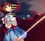  absurdres alternate_costume banchou brown_eyes brown_hair crossed_arms hat highres jacket_on_shoulders kill_la_kill mankanshoku_mako midriff mouth_hold qq school_uniform serafuku short_hair skirt solo_focus spikes spoilers straw_(stalk) 