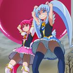  aino_megumi armpits arms_up bad_id bad_pixiv_id blue_eyes blue_hair blue_legwear bow cure_lovely cure_princess happinesscharge_precure! heart highres long_hair magical_girl mont_blanc_(heartcatch_ayaya) multiple_girls panties pink_bow pink_eyes pink_hair ponytail precure shirayuki_hime skirt thighhighs underwear white_panties 