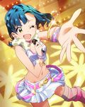  ;d artist_request blue_hair bracelet breasts crop_top fur_trim idolmaster idolmaster_million_live! jewelry microphone midriff million_dreams music nanao_yuriko navel official_art one_eye_closed open_mouth singing skirt small_breasts smile solo sparkle wireless yellow_eyes 
