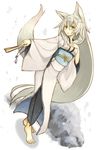  animal_ears barefoot blush breasts cleavage fan fox_ears hair_between_eyes hand_on_own_chest highres japanese_clothes kimono large_breasts long_hair looking_at_viewer obi open_clothes open_kimono open_mouth original sash senhappyaku snow solo very_long_hair white_background white_hair yellow_eyes 