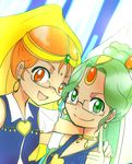  bindi c130h-go choker commentary_request earrings forehead_jewel glasses green_eyes green_hair green_haired_cure_(wonderful_net_precure)_(happinesscharge_precure!) hair_ornament hair_ribbon happinesscharge_precure! jewelry long_hair multiple_girls orange_haired_cure_(wonderful_net_precure)_(happinesscharge_precure!) ponytail precure ribbon smile 