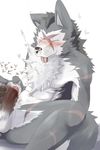  blush canine chest_tuft cum erection eyes_closed fur grey_fur japanese_text male mammal masturbation nude penis rouen samu scar sega shining_(series) shining_force shining_wind solo text tuft white_fur wolf 