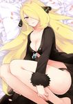  blonde_hair breasts cleavage gum_(gmng) hair_ornament lips long_hair lying medium_breasts panties pillow pokemon purple_eyes shirona_(pokemon) solo tears underwear 