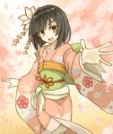  bangs black_hair blunt_bangs blush brown_eyes cherry_blossoms fang floral_print flower furisode hair_ornament happy japanese_clothes kanzashi kimono looking_at_viewer obi open_mouth original petals pink_background reaching_out sash senhappyaku short_hair smile solo 