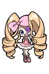  arms_behind_back bare_shoulders big_hair blonde_hair blue_eyes boots bow chibi dress drill_hair earrings eyepatch full_body hair_bow harime_nui heart highres jewelry kill_la_kill long_hair ohu_(kagemaru) open_mouth pink_bow pink_footwear smile solo strapless strapless_dress teeth transparent_background twin_drills twintails wrist_cuffs 