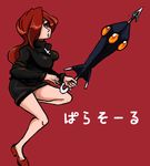  1girl bare_legs female hair_over_one_eye impossible_clothes impossible_shirt parasoul_(skullgirls) red_background red_eyes red_hair shirt simple_background skullgirls solo translated 
