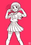  bob_cut double_v faux_traditional_media kelly_kao kill_la_kill mankanshoku_mako monochrome pleated_skirt school_uniform serafuku short_hair skirt solo v v_over_eye 