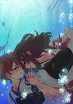  air_bubble akagi_(kantai_collection) asphyxiation bad_id bad_pixiv_id blush brown_eyes brown_hair bubble drowning japanese_clothes kaga_(kantai_collection) kantai_collection kishi_kaisei lips long_hair multiple_girls muneate ocean open_mouth short_hair side_ponytail submerged underwater water 