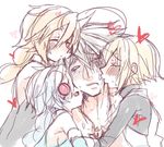  2girls ahoge blazblue blonde_hair bodysuit brothers eyepatch heart hug jin_kisaragi kiss lambda-11 multiple_boys multiple_girls nu-13 ragna_the_bloodedge siblings silver_hair uzukinoko 