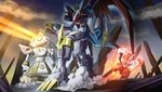  armor aura beam claws cloud digimon digimon_adventure_02 dk_(13855103534) dragon exhaust fighting_stance fire firing full_body glowing imperialdramon_fighter_mode mecha monster no_humans outdoors pillar shakkoumon silphymon smoke standing tail weapon wings 