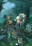  aqua_eyes armor bad_id bad_pixiv_id barioth_(armor) blush felyne gauntlets handheld_game_console long_hair monster_hunter navel nintendo_3ds playing_games playstation_portable playstation_vita poogie pout silver_hair sitting sweat zhuxiao517 