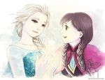  anna_(frozen) blue_eyes brown_hair dress elsa_(frozen) frozen_(disney) multiple_girls white_hair zelda_c_wang 