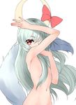  armpits blush bow ex-keine flat_chest green_hair hair_censor horn_bow horns kamishirasawa_keine long_hair looking_at_viewer navel nude one_eye_closed out-of-frame_censoring red_eyes ribbon simple_background solo tail touhou ueda_torini white_background 