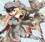  anchor bare_shoulders bismarck_(kantai_collection) blonde_hair blue_eyes cannon grey_legwear hat highres kantai_collection long_hair military military_hat military_uniform minatasiro open_mouth solo thighhighs turret uniform weapon 