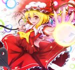  ascot blonde_hair danmaku fang flandre_scarlet foreshortening gradient gradient_background hat hat_ribbon laevatein looking_at_viewer mob_cap open_mouth outstretched_arms puffy_short_sleeves puffy_sleeves red_eyes ribbon short_hair short_sleeves side_ponytail skirt skirt_set solo spread_arms touhou wind wings wrist_cuffs ymd_(holudoun) 