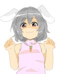  animal_ears arms_up bare_shoulders bunny_ears carrot clenched_hands dress grey_hair inaba_tewi kieeyo looking_at_viewer red_eyes short_hair simple_background sketch sleeveless sleeveless_dress smile solo touhou upper_body white_background you_gonna_get_raped 