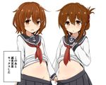  blush brown_eyes brown_hair folded_ponytail ikazuchi_(kantai_collection) inazuma_(kantai_collection) kantai_collection long_sleeves looking_at_viewer mitsukazu_(nijigen_complex) multiple_girls navel school_uniform serafuku short_hair simple_background skirt tears they_had_lots_of_sex_afterwards translated white_background yuri 
